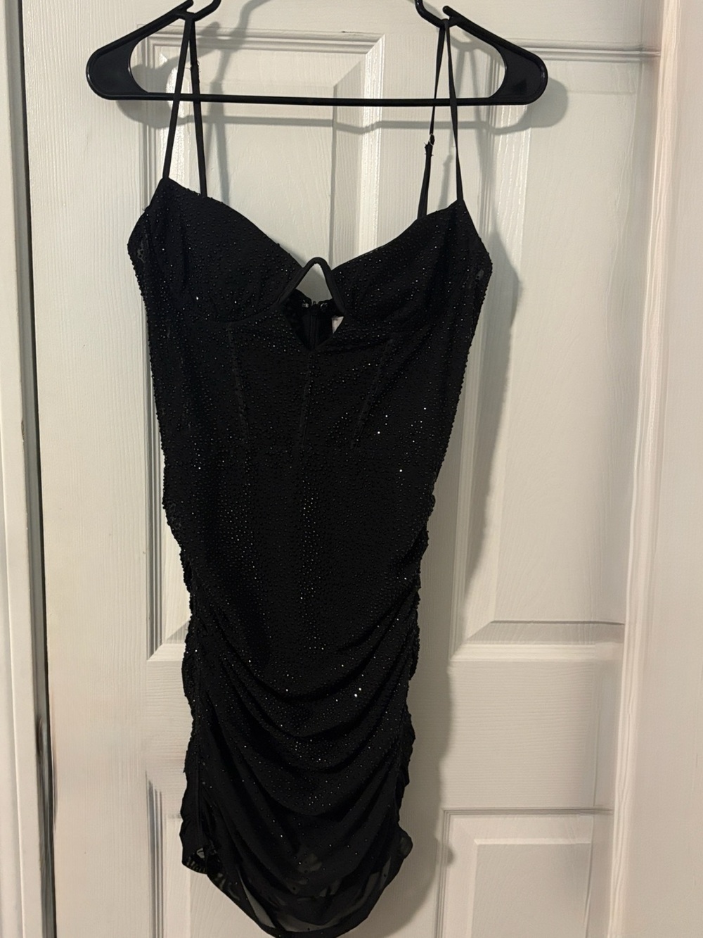 Oh Polly Black Sparkle Ruched Mini Dress with Adjustable Straps